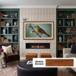 Honey Brown solid wood TV bezel on a 65-inch Samsung The Frame TV, styled in a cozy farmhouse living room with neutral tones.