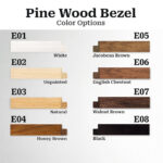 Close-up of eight wood samples - Honey Brown, English Chestnut, and Walnut - showing the natural grain of handcrafted solid pine.