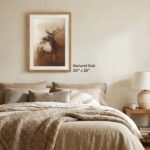 Bedroom interior with bohemian, cozy, comfortable look to it. Above the bed is a solid oak wood picture frame with 23mm wide profile. Custom any size photo frames