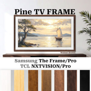 65-inch Samsung The Frame with an Walnut wood frame, showing the variety of color stains for Samsung The Frame TV and TCL.
