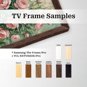 Solid Pine Wood TV Frame Samples in various stains. Natural, Brown, Black, White. Compatible with Samsung The Frame, The Frame Pro, TCL, TCL Pro. Thin wood tv frame.