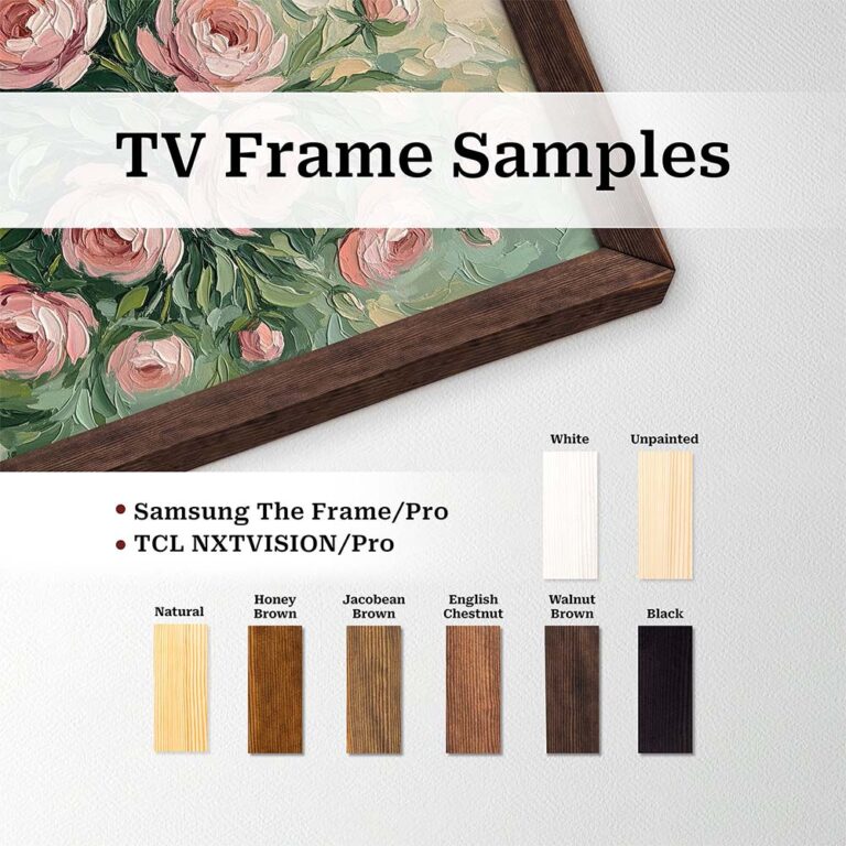 Solid Pine Wood TV Frame Samples in various stains. Natural, Brown, Black, White. Compatible with Samsung The Frame, The Frame Pro, TCL, TCL Pro. Thin wood tv frame.
