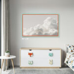 EventFrame turquoise and orange picture frame styled in a playful kids room with colorful wall art, custom made to order in any size
