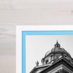 Handmade EventFrame white wood frame with a bright blue inner edge, showcasing the premium hand-finished quality and smooth Northern White Pine texture.