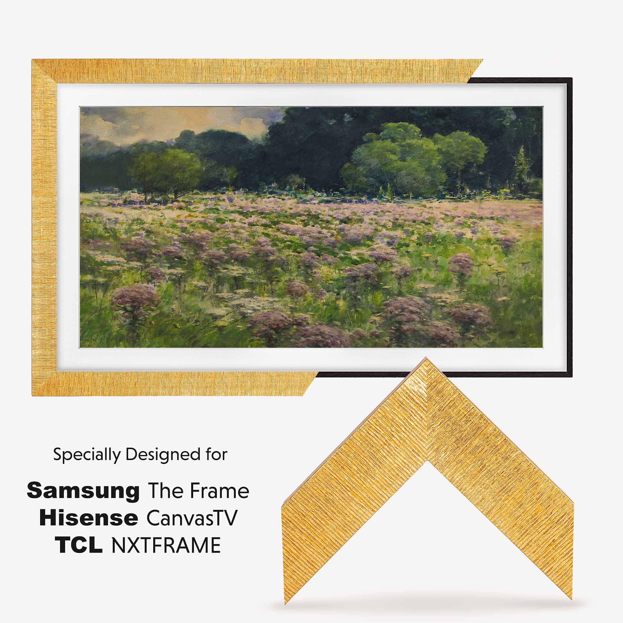 Samsung The Frame display with a nature scene in a gold frame on a white background. Modern Gold Frame for Samsung The Frame, Handmade Tv Bezel for TCL Wall Art Tv, Hisense CanvasTV Mount, Sizes 32 43 50 55 65 75 85 inch