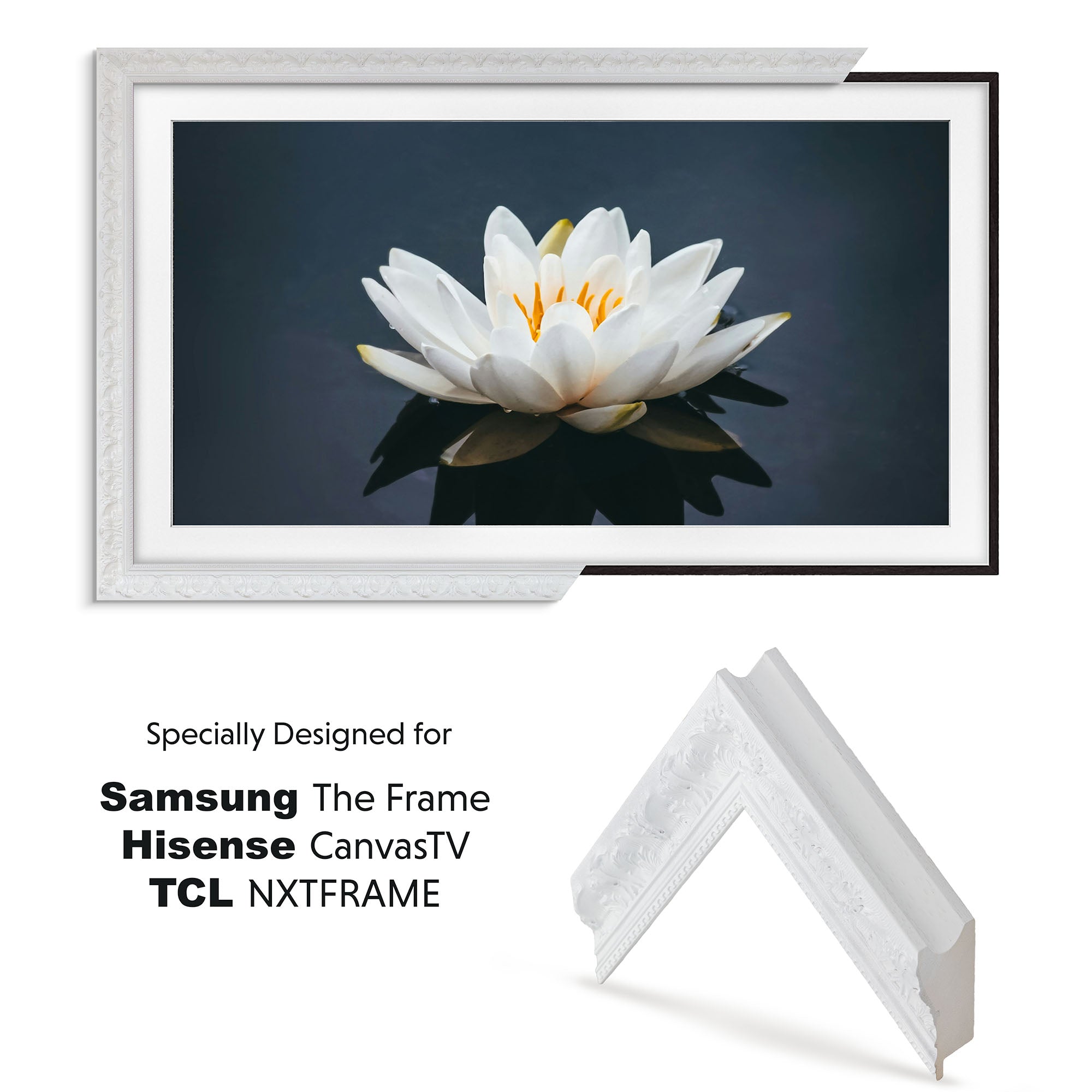 Framed display of a white flower on a screen with compatibility text for Samsung, Hisense, and TCL products.
