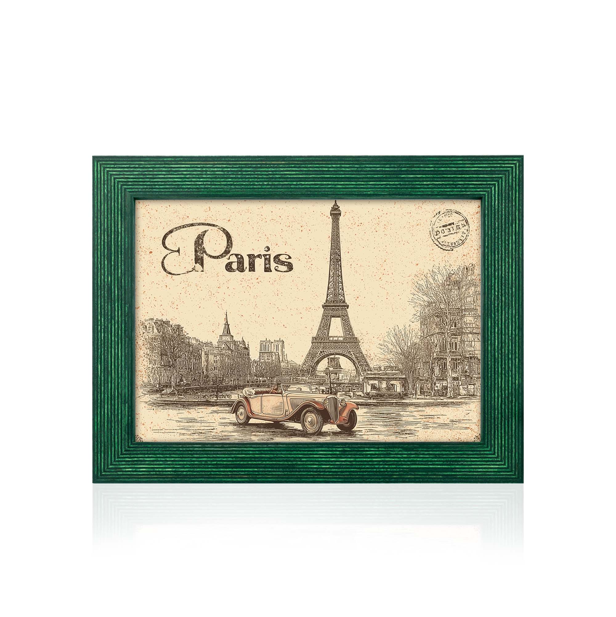 Framed artwork with Eiffel Tower and vintage car illustration, labeled 'Paris'.