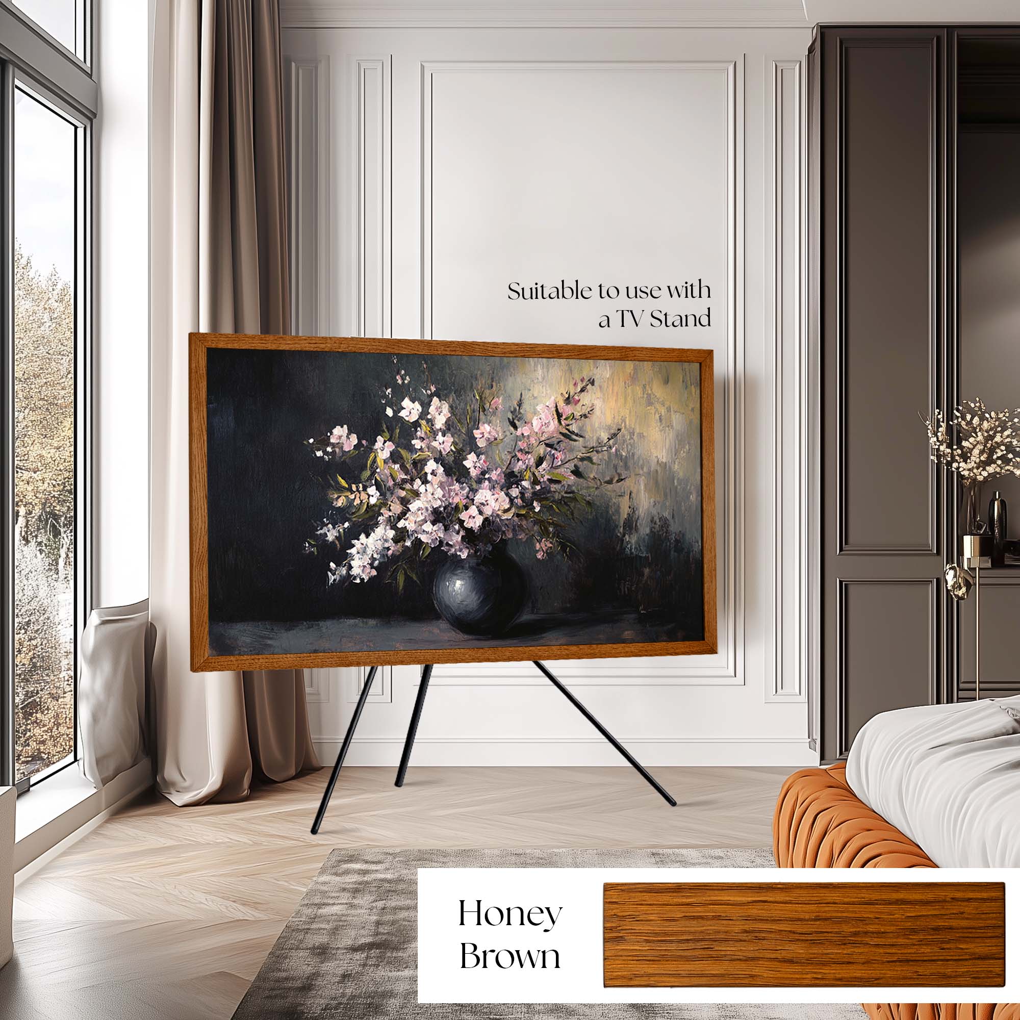 Honey brown tv frame on the studio stand in modern bedroom design