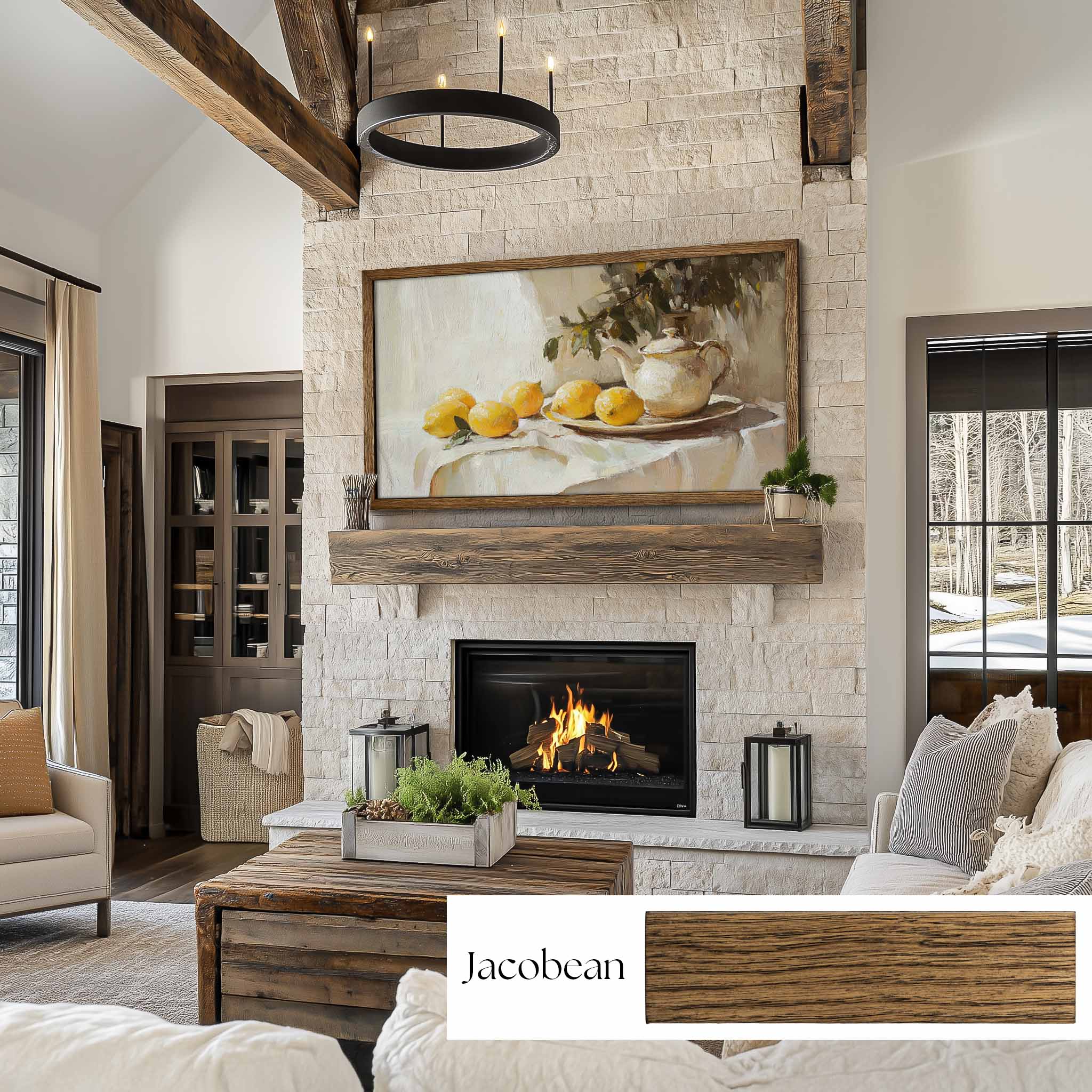 Jacobean Brown Oak Wood Tv frame above fireplace in warm and rustic home