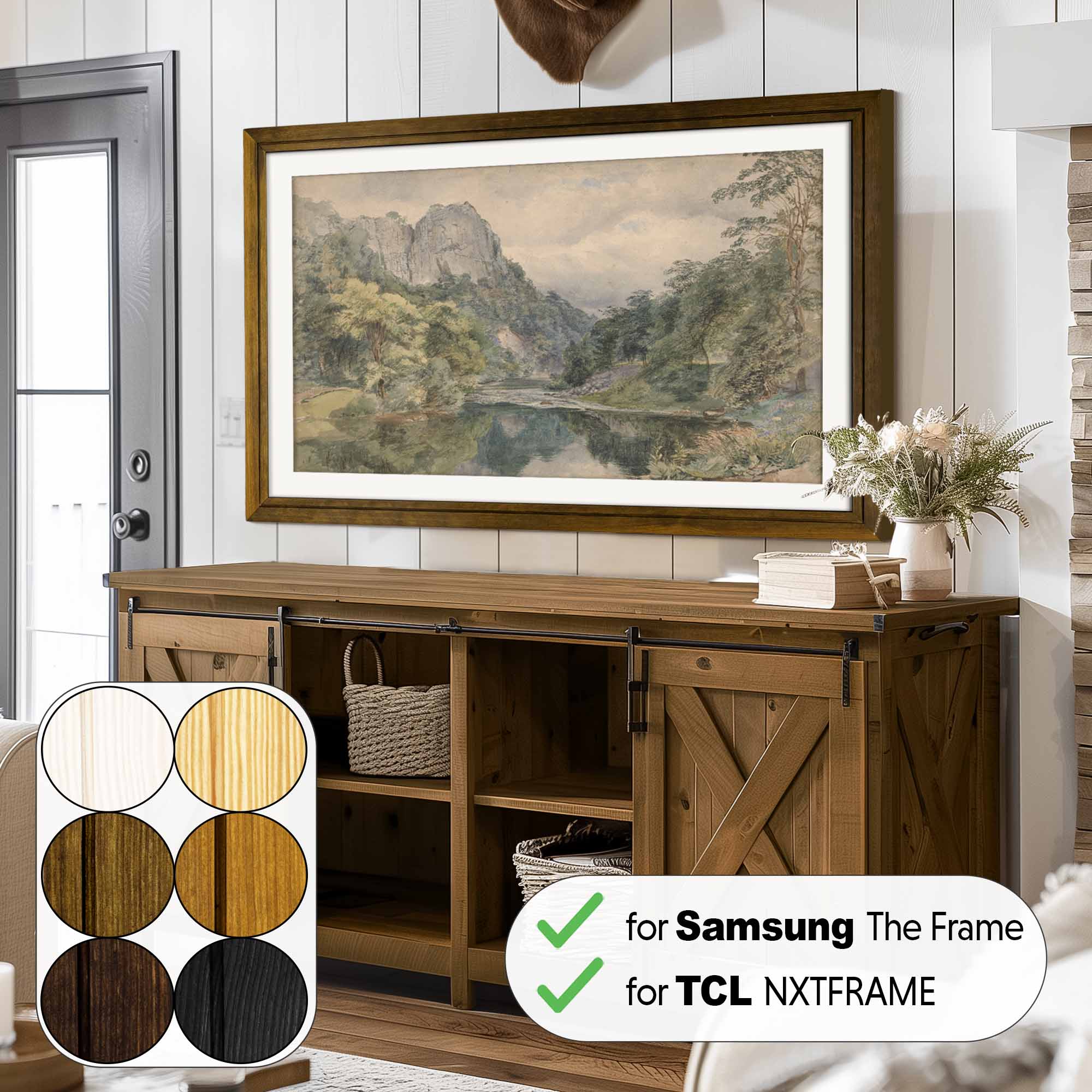 Jacobean Brown Pine TV Frame above Farmhouse TV stand in modern rustic interior design