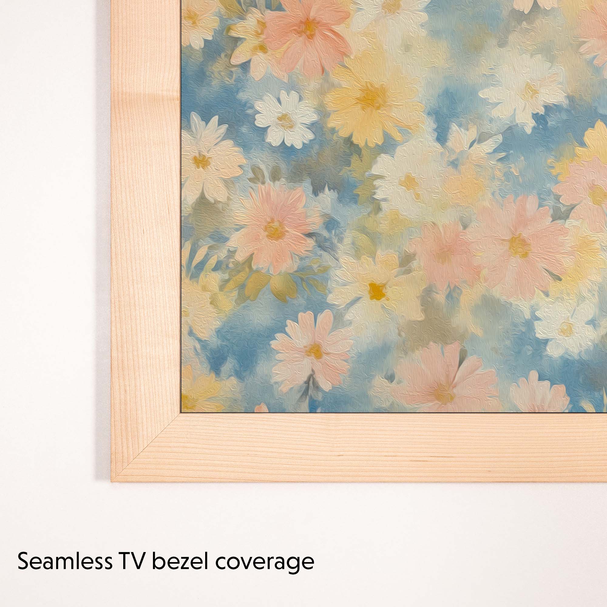 Natural Maple TV Frame Corner that fully covers Samsung The Frame TV's Black Bezel