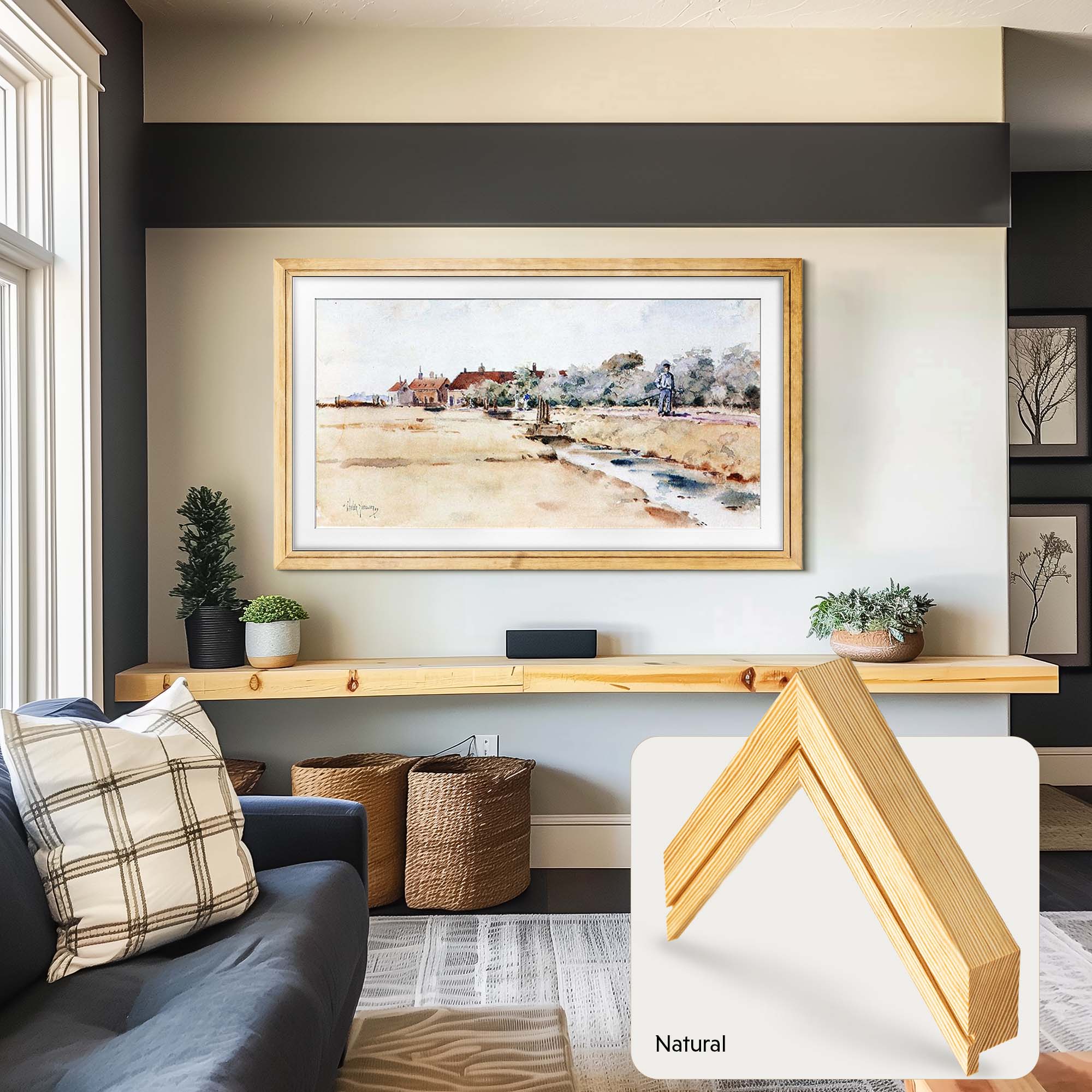 Natural Pine Tv Frame above pine floating shelf in light traditional interior design