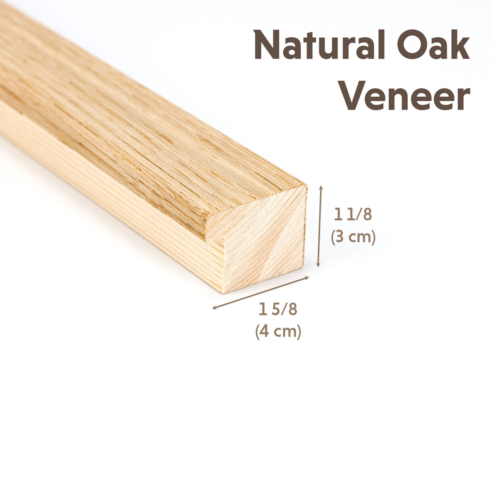 Natural Oak Veneer strip with dimensions on a white background