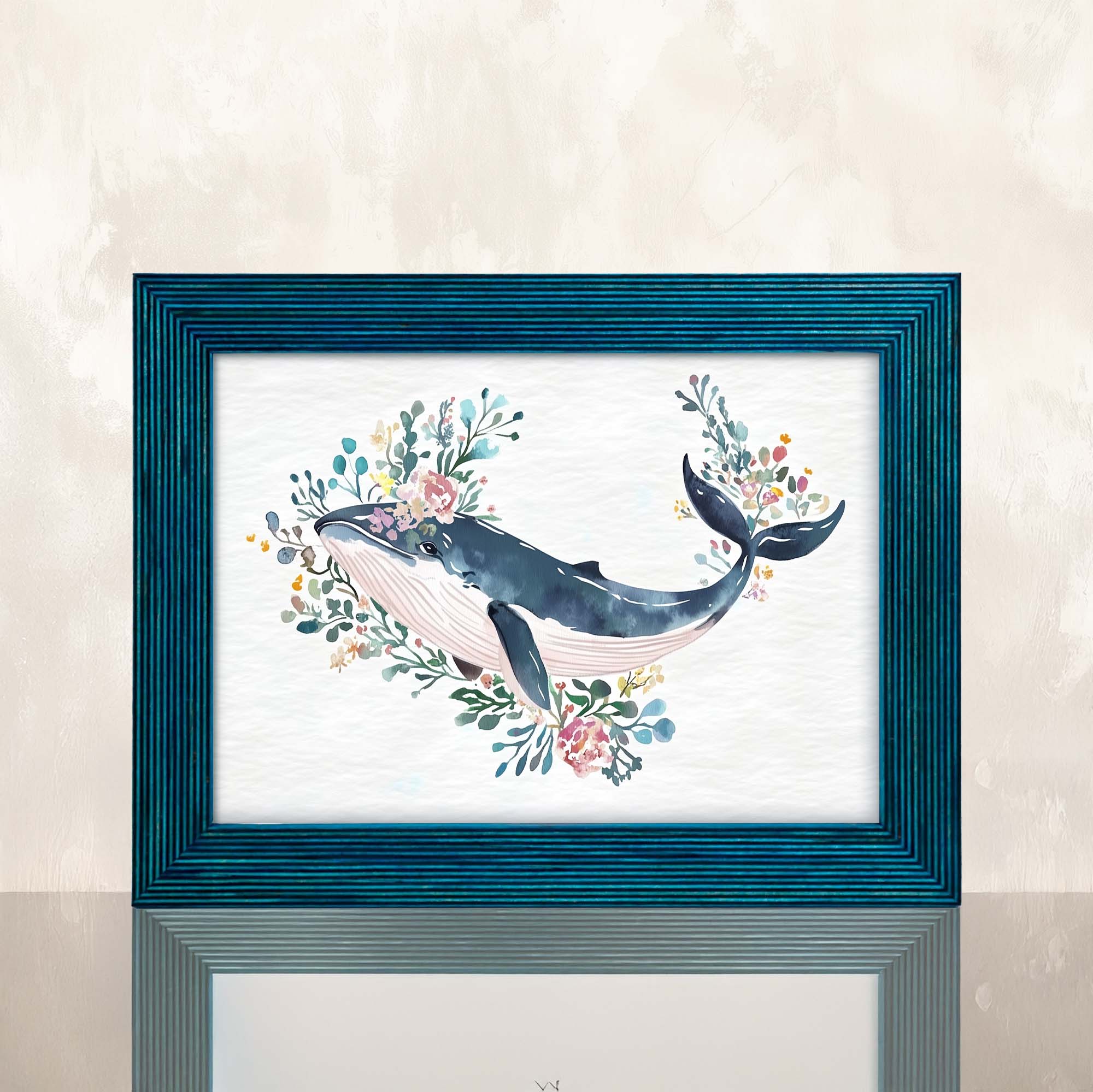 Framed artwork of a whale surrounded by flowers on a white background. Blue Photo Frame, Wood Picture Frame, Rustic Frame SIZES 4x4 4x6 5x5 5x7 5.5x8.5 6x6 6x8 7x7 A5 A4 A3 7x9 8x8 8x10 10x10 8x12 8.5x11 11x14