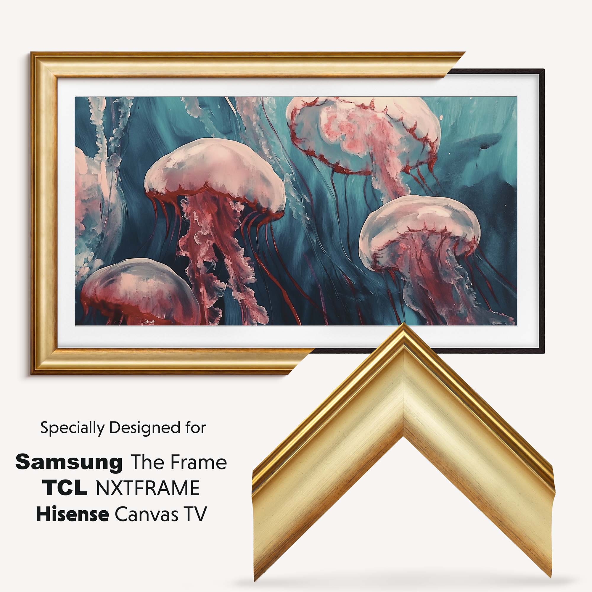 classic gold tv frame ocean oil painting jelly fish oil painting ocean oil painting