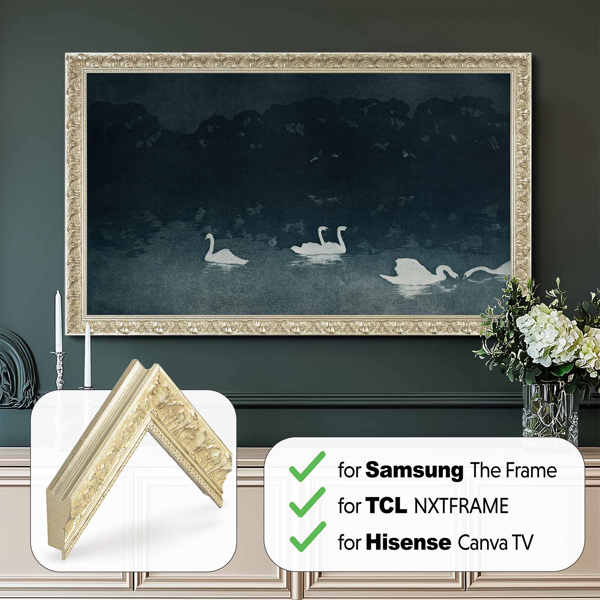 Decorative framed artwork with swan design on a dark wall, featuring compatibility labels for Samsung, TCL, and Hisense TV frames. Ornate Champagne Frame for Samsung The Frame, Mount for Hisense CanvasTV, Bezel for NXTFRAME by TCL Tv, Sizes 32 43 50 55 65 75 85 inch