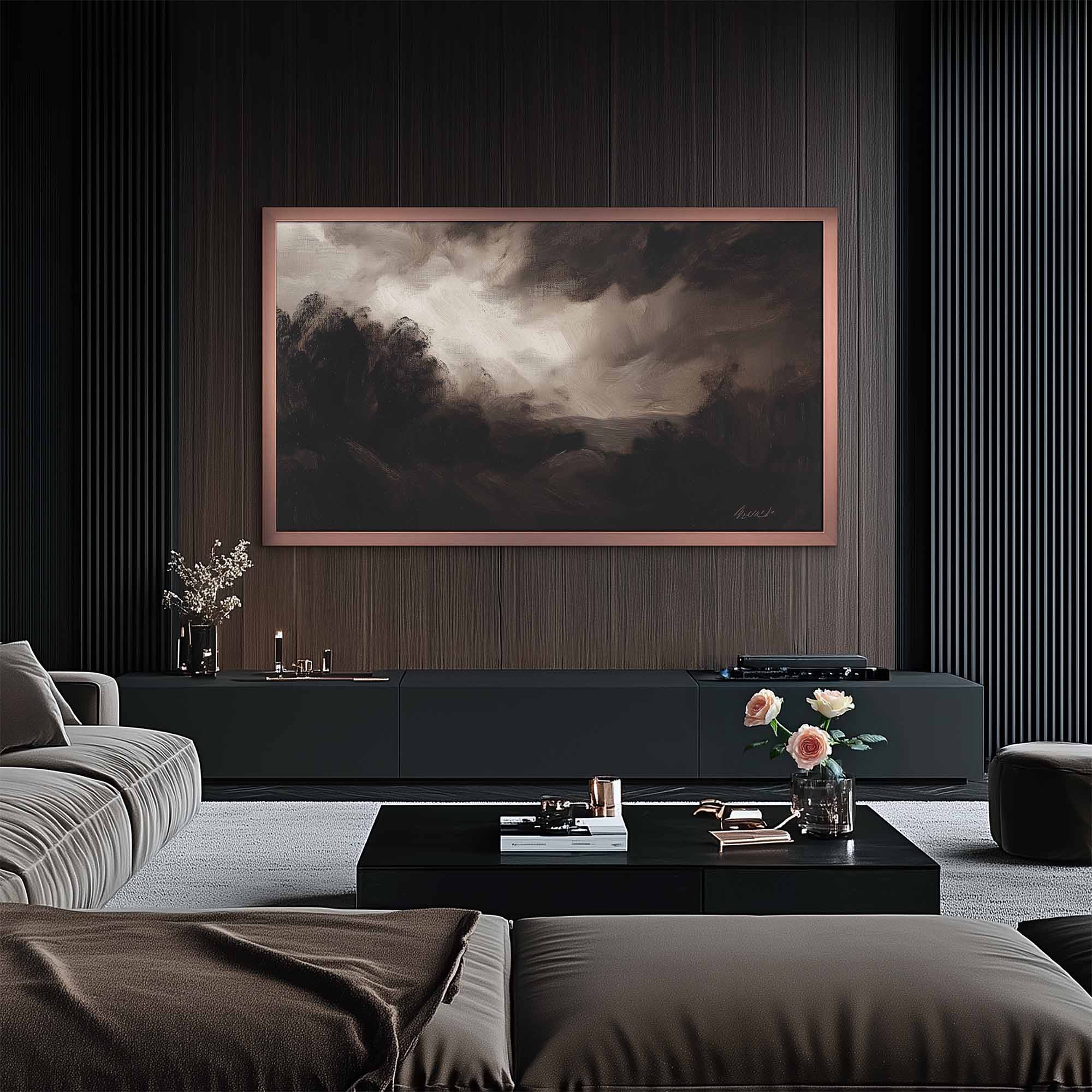 Copper rose gold minimal TV Frame for Samsung TCL in ultra modern living room interior.
