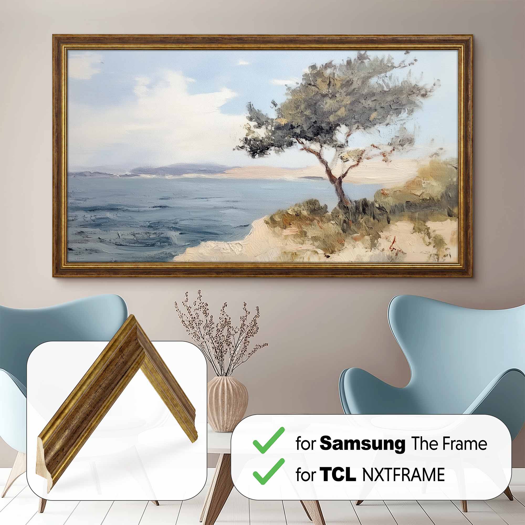 Brown & Gold TV frame for Samsung The Frame Tv, Handmade Gold and Brown TCL NXTFRAME Bezel, Hisense CanvasTV Sizes 32 43 50 55 65 75 85 inch.