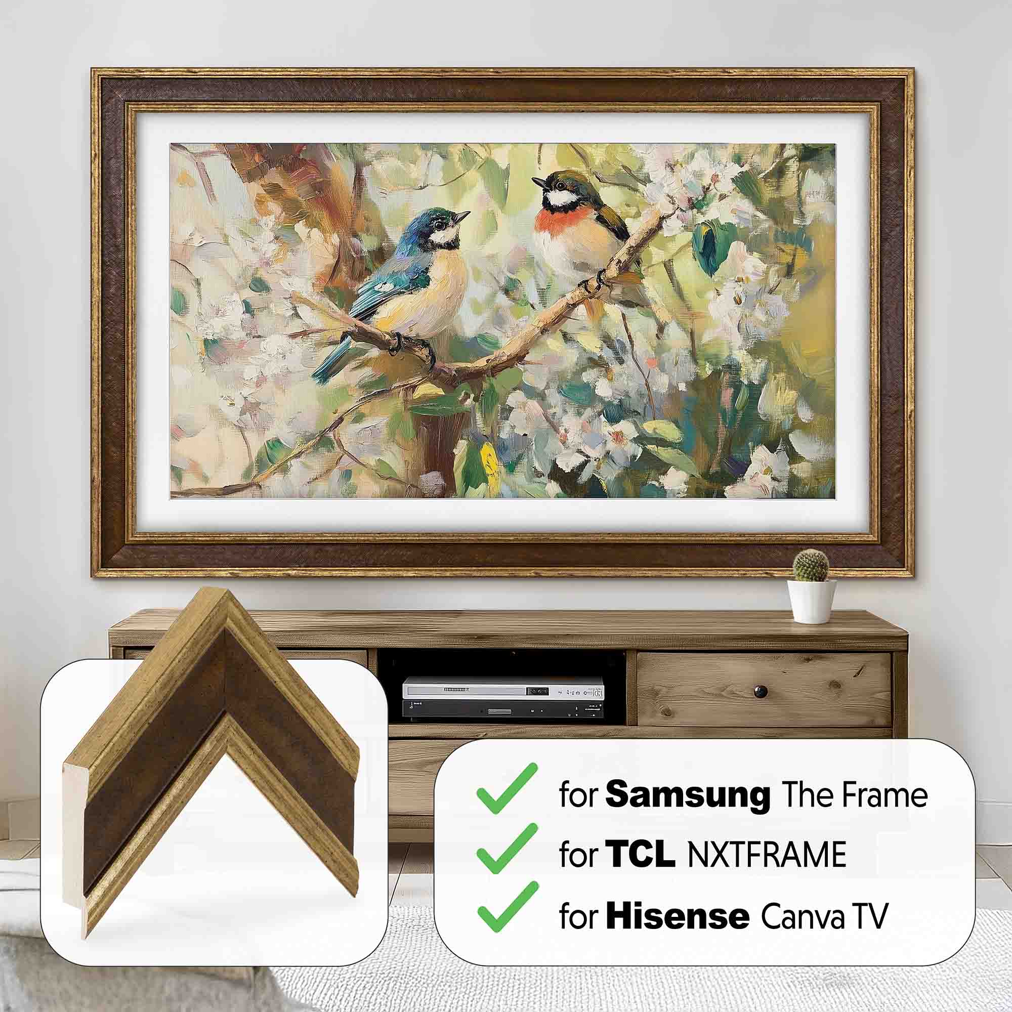 Brown and Gold Leaf Samsung Frame TV Bezel, Tv Frame for TCL NXTFrame Wooden Tv Frame for Hisense CanvasTV, Sizes 32 43 50 55 65 75 85 inch
