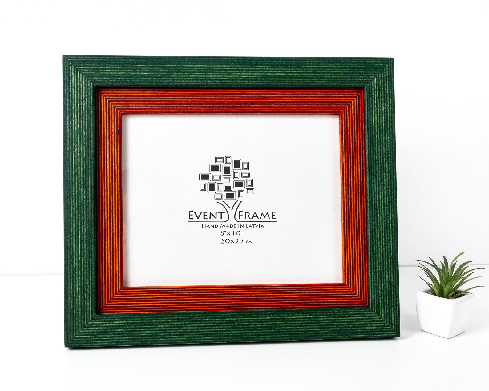 Green and red picture frame with 'Event Frame' logo on a white background. Green + Orange Picture Frame, Photo Frame with Wooden Mat, Two Tone Gallery Wall Frame, Handmade Poster Frame, Custom Sizes 8x10 24x36 20x30