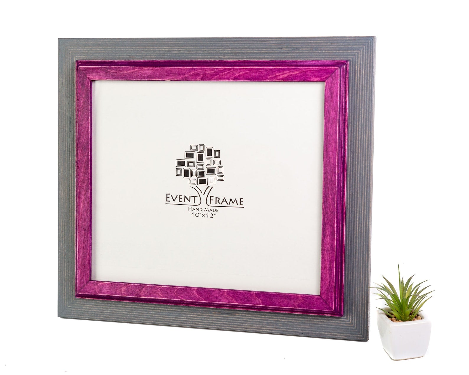 Gray picture frame with a pink border on a white background. Grey + Purple Custom Frame, Wooden Handmade Picture Frame, Modern Art Frame, Any Size 8x10, 5x7, 5.8x8.3, 7x9, 8x8, 9x12, 12x18, 16x20 20x24
