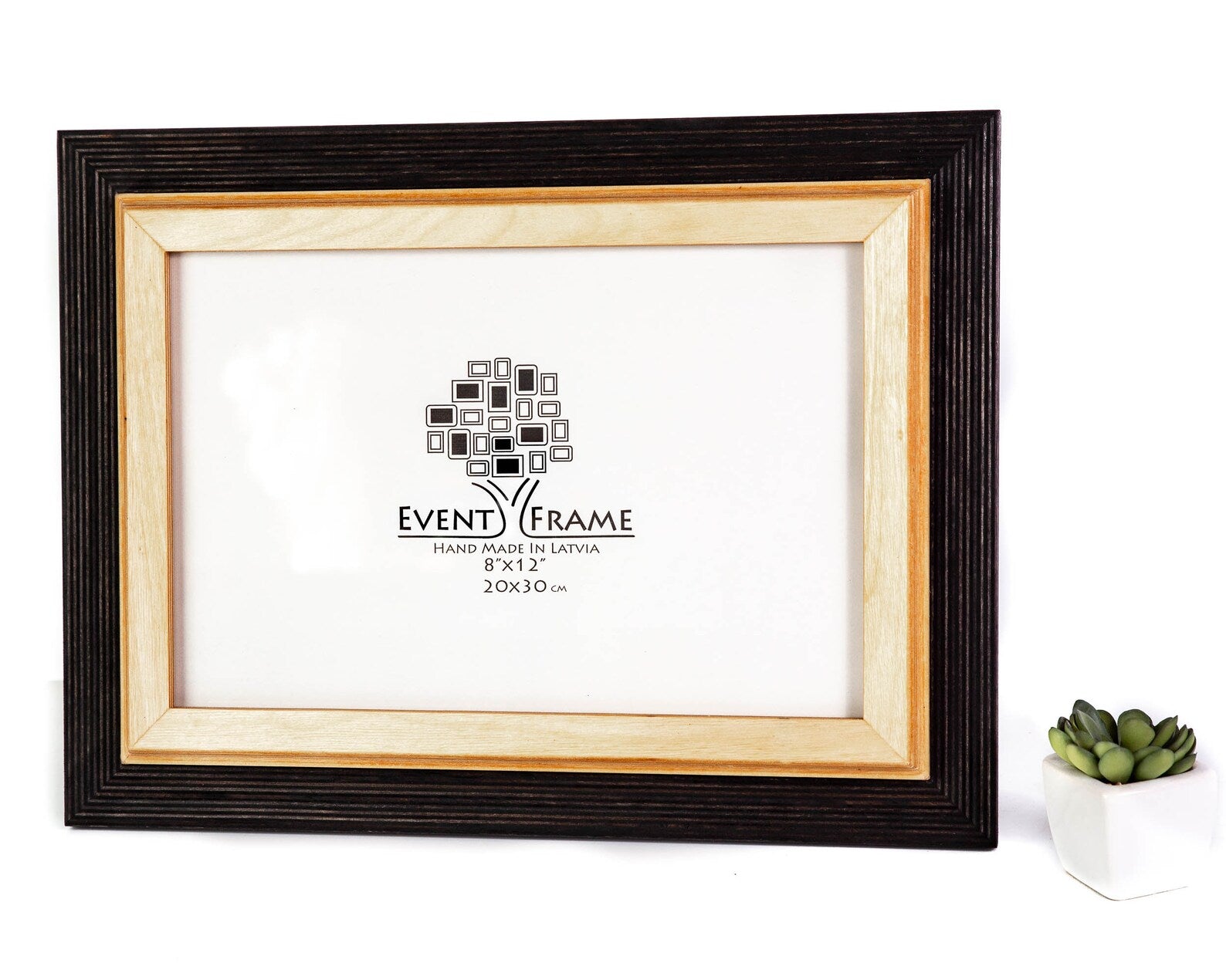 Black and gold picture frame with 'Event Frame' logo on a white background. Black + Natural Picture Frame, Wooden Photo Frame, Art frame, CUSTOM SIZES 4x6 5x5 5x7 5.5x8.5 6x6 6x8 8x8 8x10 10x10 8x12 9x11 11x14 20x30