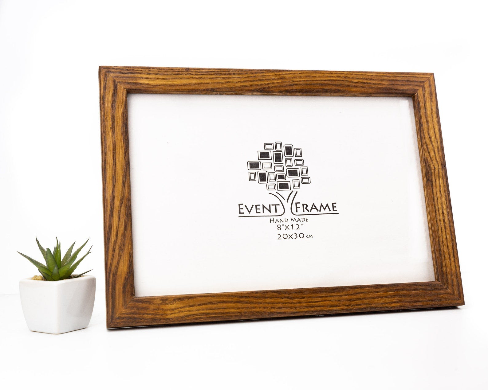 Wooden picture frame with 'Event Frame' logo on a white background. Brown Oak Wood Picture Frame, Rustic Oak Photo Frame, Custom Photo Frame for Wall Art A4, A2, 5x7, 8x10, 8.5x11, 9x12, 10x14, 11x17, 16x20
