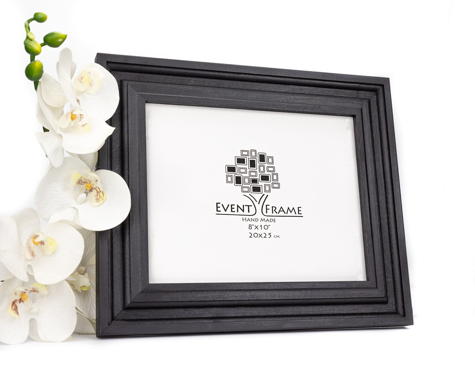 Black picture frame with 'Event Frame' logo on a white background with white flowers. Elegant Black Wooden Frame for Wall Art, Handmade Flat Style Picture Frame, Any Custom Size A4, A3, A2, A1, 8x10, 9x12, 11x14, 16x20, 24x18