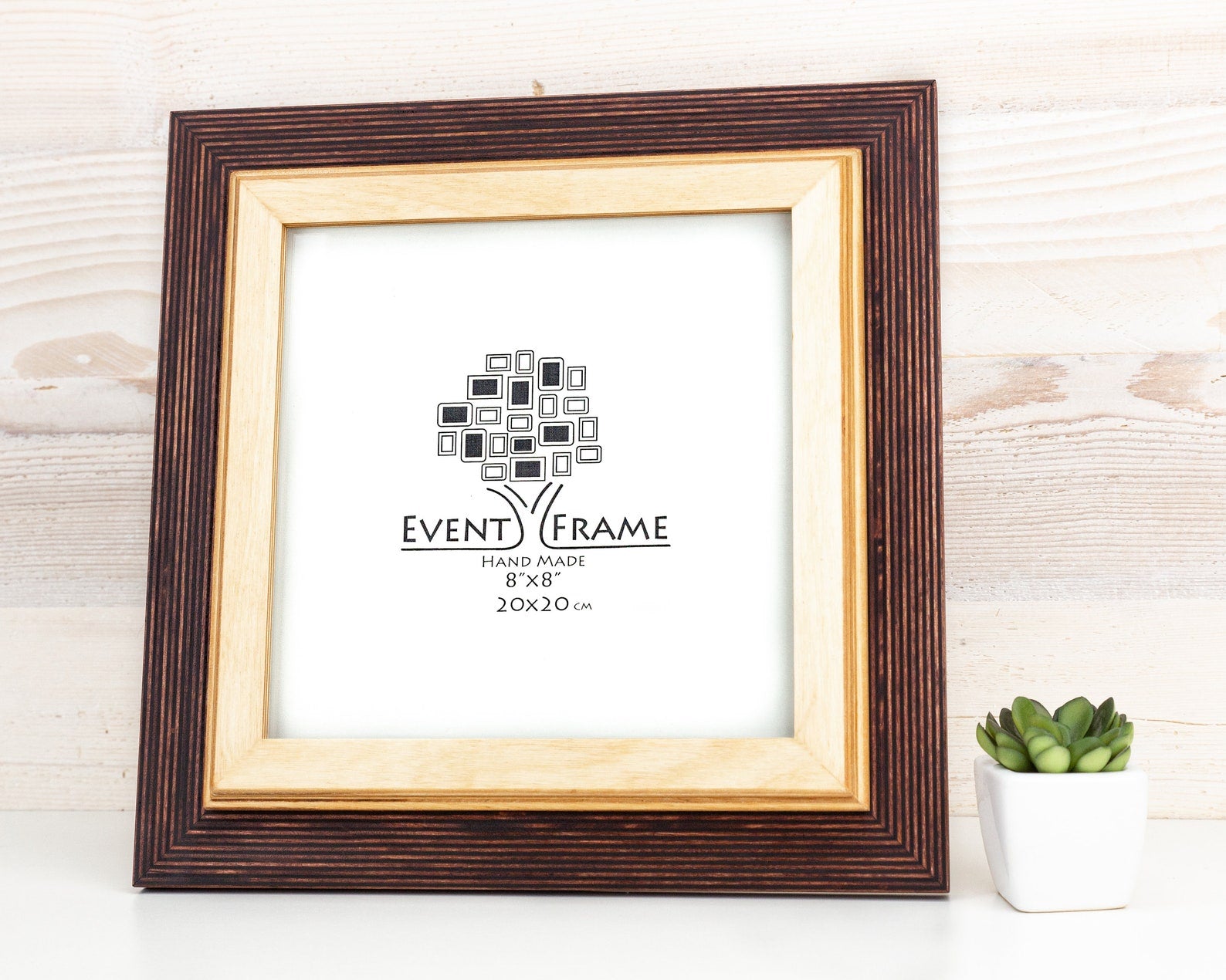Wooden picture frame with 'Event Frame' logo on a light wooden background.Brown + Natural Photo Frame, Wood Picture Frame, Gallery Wall Frames, Custom Size 5x7 8x10 10x10 8x12 8.5x11 11x14 12x18 18x24 20x30 A1 A2