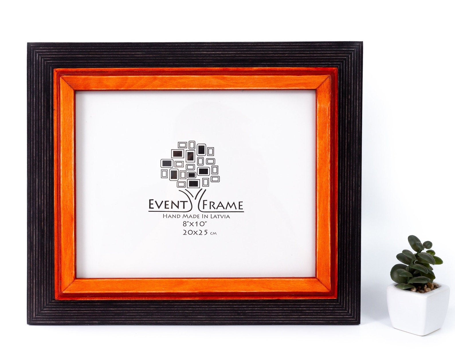 Framed artwork with 'Event Frame' branding on a white background. Custom Wood Picture Frame, Black + Orange Colors, Rustic Photo Frame, SIZES 5x7, 8x10, A4, 9x11, A5, A3, 4x6, 20x30, 7x9, 16x20, 18x24, 8x12