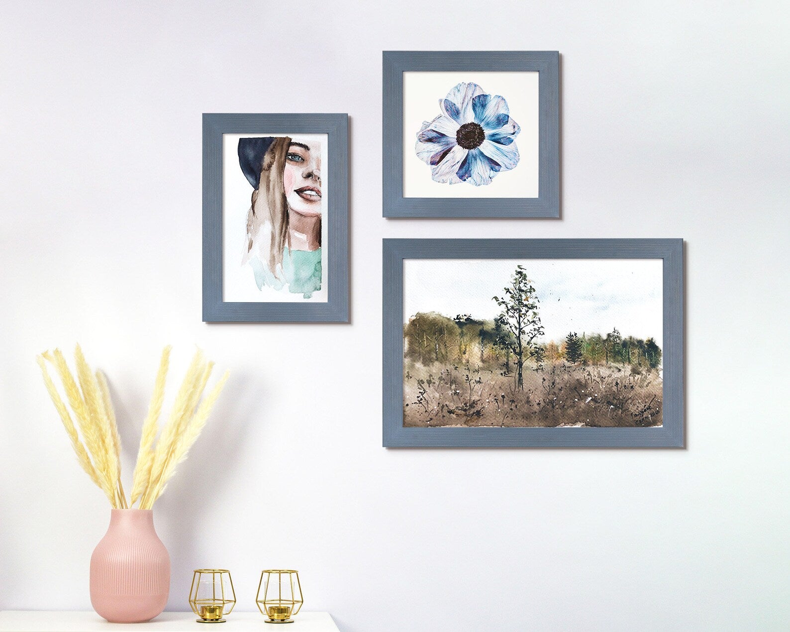 Three framed pictures on a wall with a vase and candles in the foreground. Grey Wooden Picture Frame, Handmade Custom Size Photo Frame, Stripy Design Poster Frame A1 A2 5x7 10x10 8x10 12x18 16x20 18x24 20x30 24x36