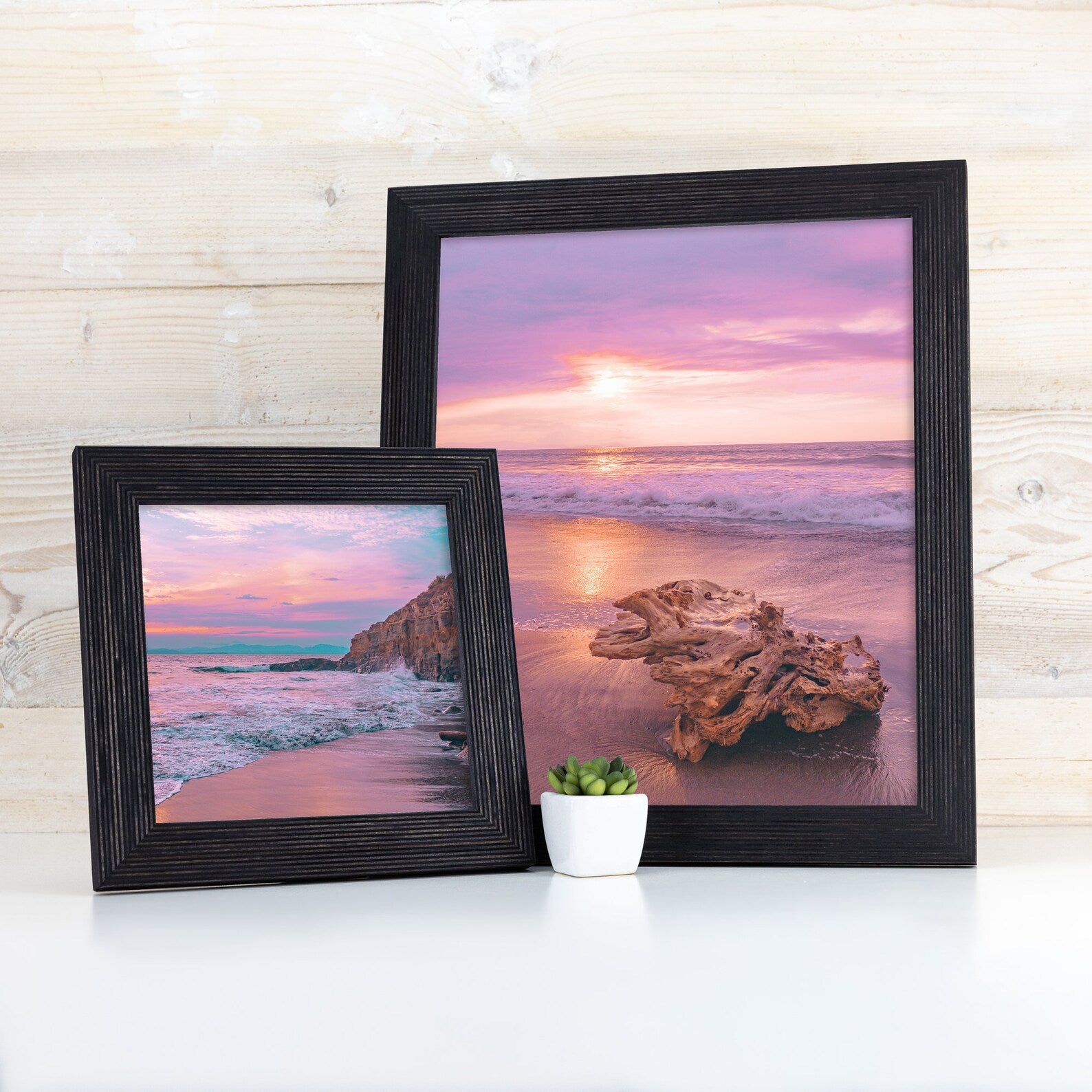 Two framed beach scenes with a sunset on a wooden surface. Black Picture Frame, Wooden Photo Frame, Rustic Stripy Design Frame, Dark Academia Decor,Diploma Frame A1 A3 A4 8x10 11x14 12x18 18x24 20x30