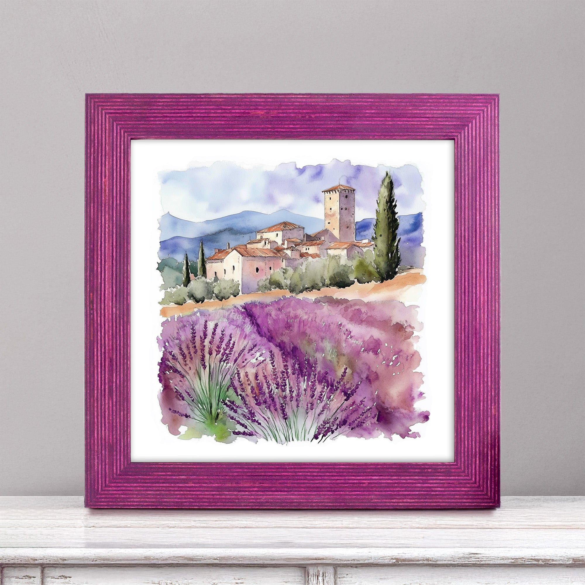 purple picture frame 5x5, lavender watercolor art prints, white distressed desk, gray taupe wall. Purple Picture Frame, Wood Photo Booth Frame, Gallery Wall Frame, Costume Sizes Frame A5 A4 A3 4x4 4x6 5x5 6x8 8x10 10x12 11x14 12x16 18x24