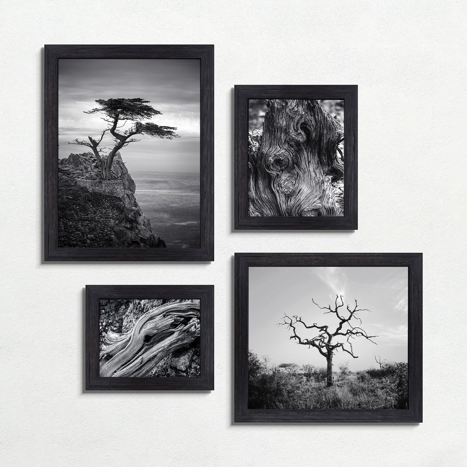 Set of four black-framed black and white nature prints on a white wall. Black Picture Frame, Wooden Photo Frame, Rustic Stripy Design Frame, Dark Academia Decor,Diploma Frame A1 A3 A4 8x10 11x14 12x18 18x24 20x30