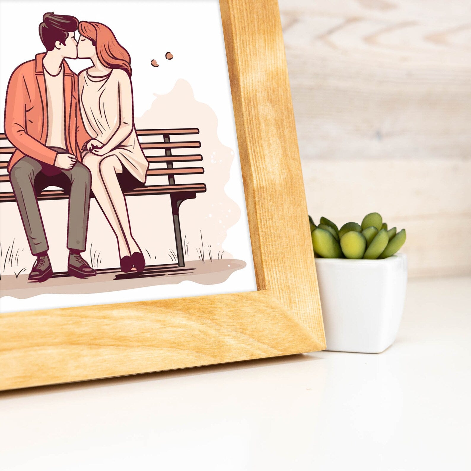 Framed illustration of a couple sitting on a bench, with a small plant in the background. Natural BIRCH Picture Frame in Flat Style, Handmade Solid Hardwood Photo Frame, Modern Gallery Wall Frames, Custom Size A1 5x7 11x17 24x36