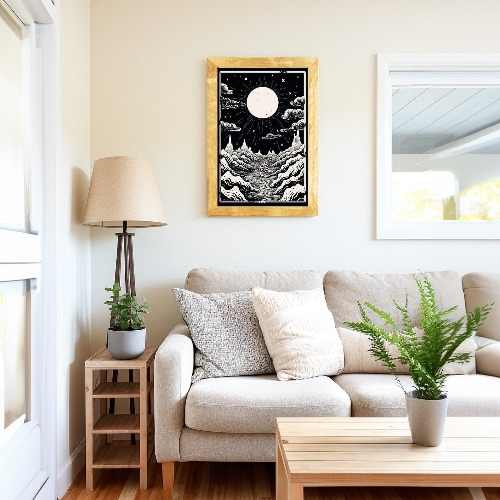 Living room with a beige sofa, framed artwork, and decorative plants. Natural BIRCH Picture Frame in Flat Style, Handmade Solid Hardwood Photo Frame, Modern Gallery Wall Frames, Custom Size A1 5x7 11x17 24x36