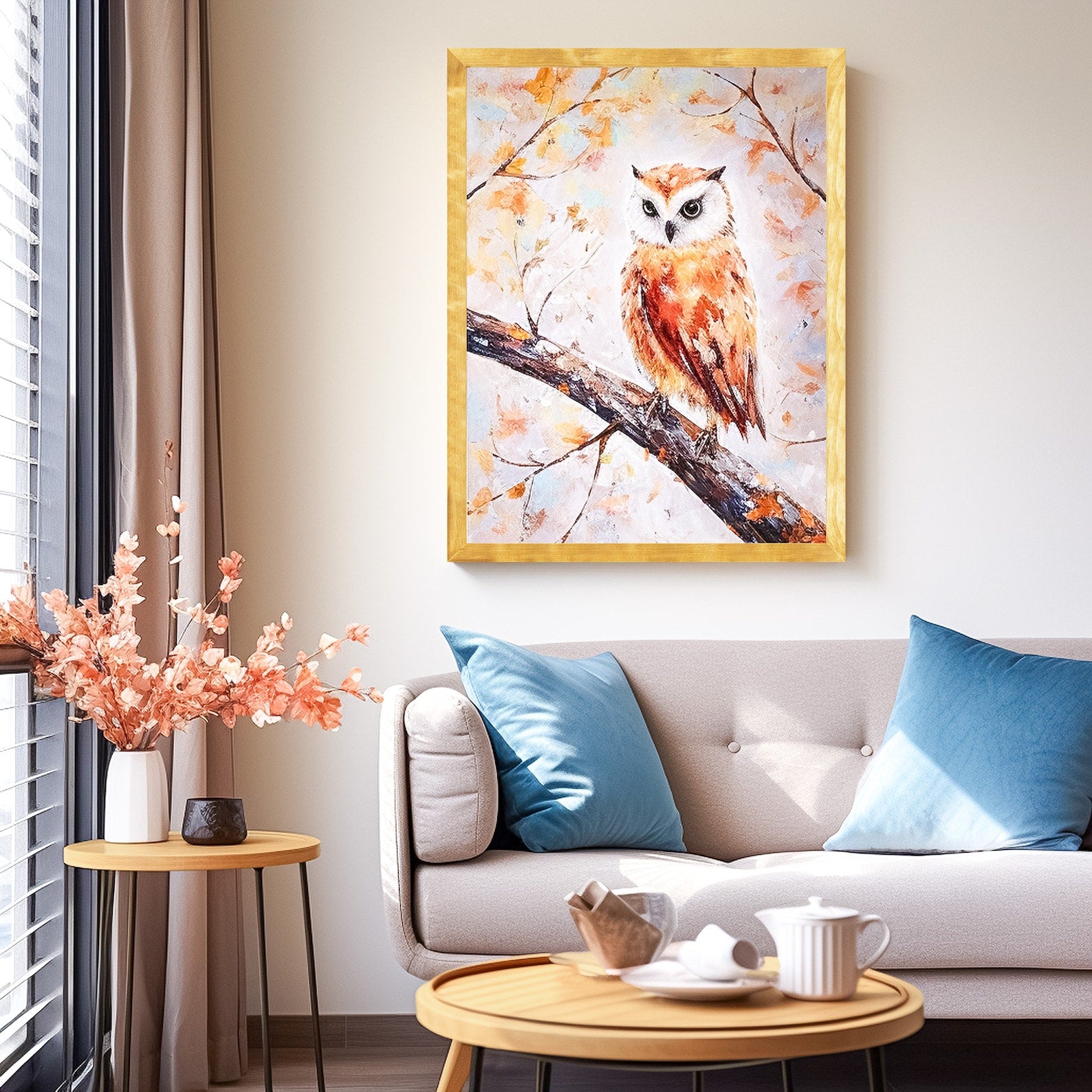 Living room with a sofa, coffee table, and wall art of an owl. Natural BIRCH Picture Frame in Flat Style, Handmade Solid Hardwood Photo Frame, Modern Gallery Wall Frames, Custom Size A1 5x7 11x17 24x36