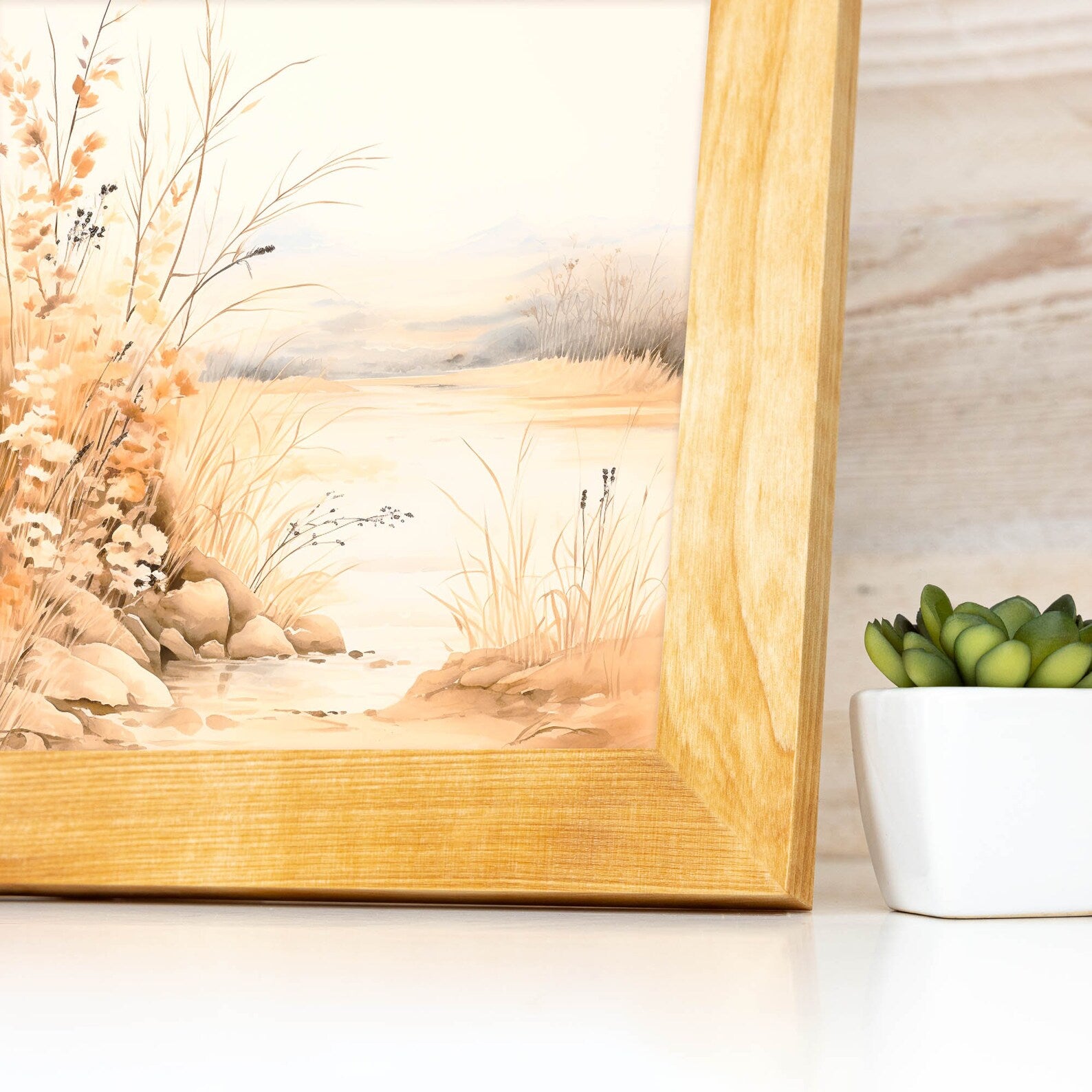 Framed artwork of a natural landscape with a potted plant on a white surface. Natural BIRCH Picture Frame in Flat Style, Handmade Solid Hardwood Photo Frame, Modern Gallery Wall Frames, Custom Size A1 5x7 11x17 24x36