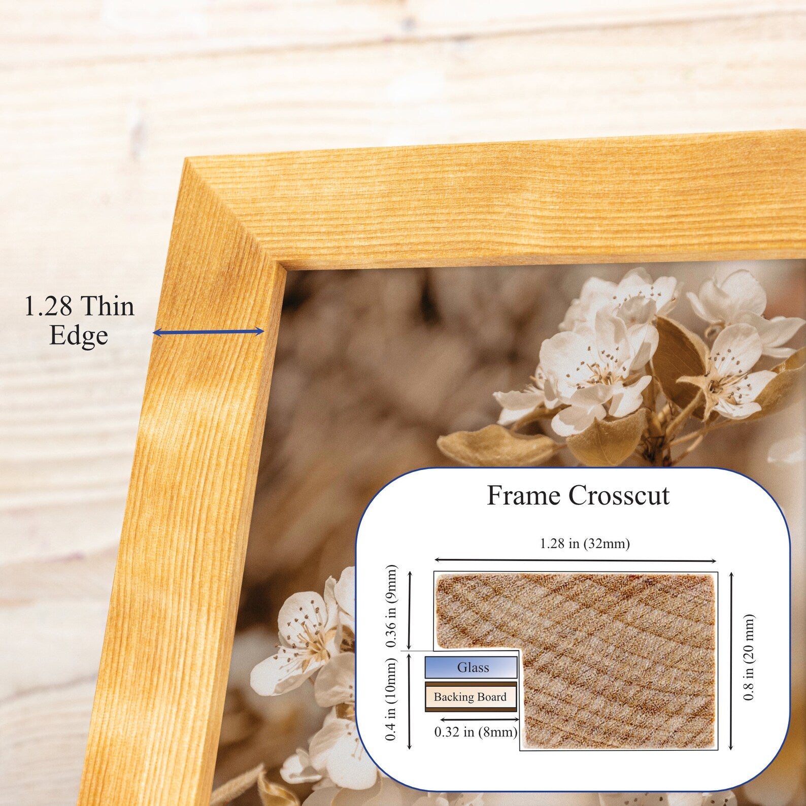 Wooden picture frame with crosscut detail and floral design. Natural BIRCH Picture Frame in Flat Style, Handmade Solid Hardwood Photo Frame, Modern Gallery Wall Frames, Custom Size A1 5x7 11x17 24x36