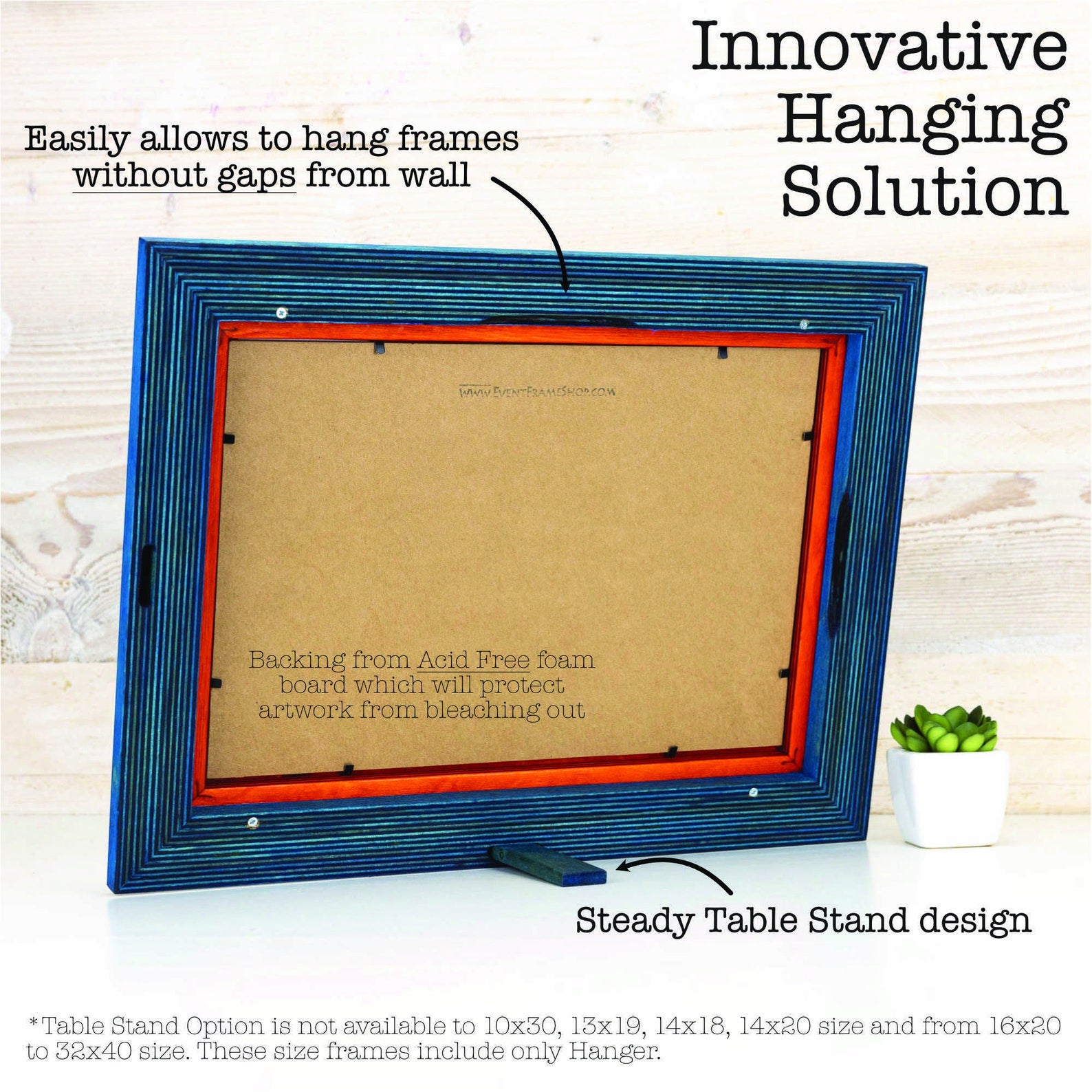 Blue picture frame with a steady table stand design on a light wooden background. Add rustic elegance with this grey + white birch frame. Handmade and built to last, ideal for artwork, photo décor, or Scandi-inspired homes.