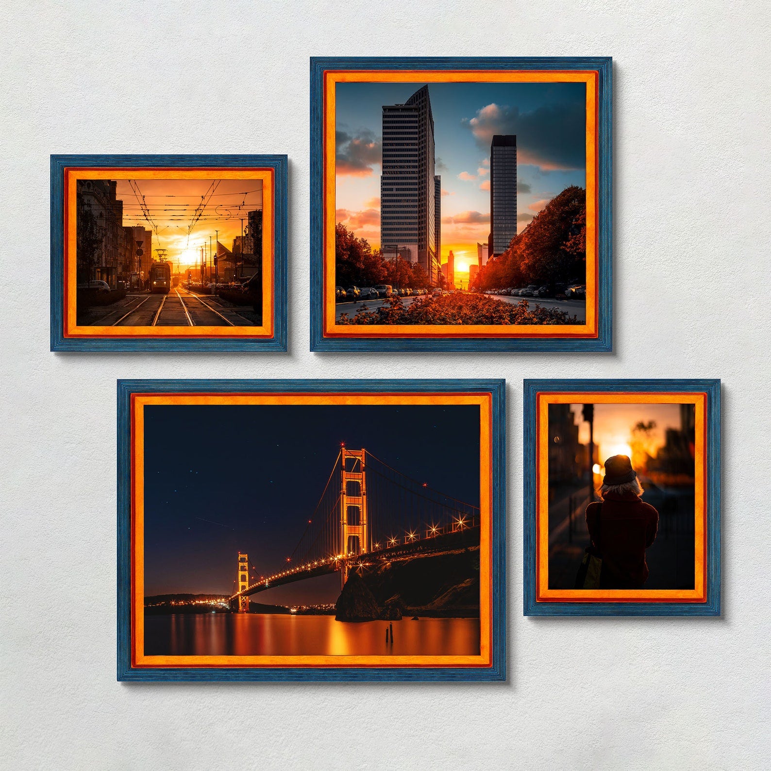 Four framed pictures of cityscapes with sunset and bridge views on a white wall. Add rustic elegance with this grey + white birch frame. Handmade and built to last, ideal for artwork, photo décor, or Scandi-inspired homes.