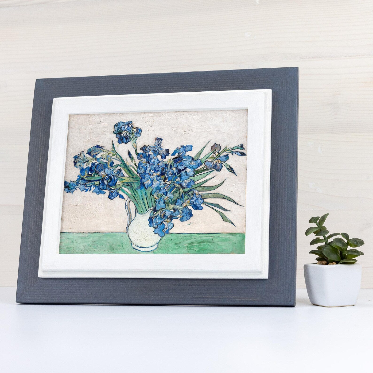 Framed artwork of blue flowers in a white vase on a light background. Charcoal Grey + White Custom Size Frames, Double Color Frame for Poster, Handmade Wooden Photo Frame, Cold Tones A2 A3 11x14 22x22 36x42