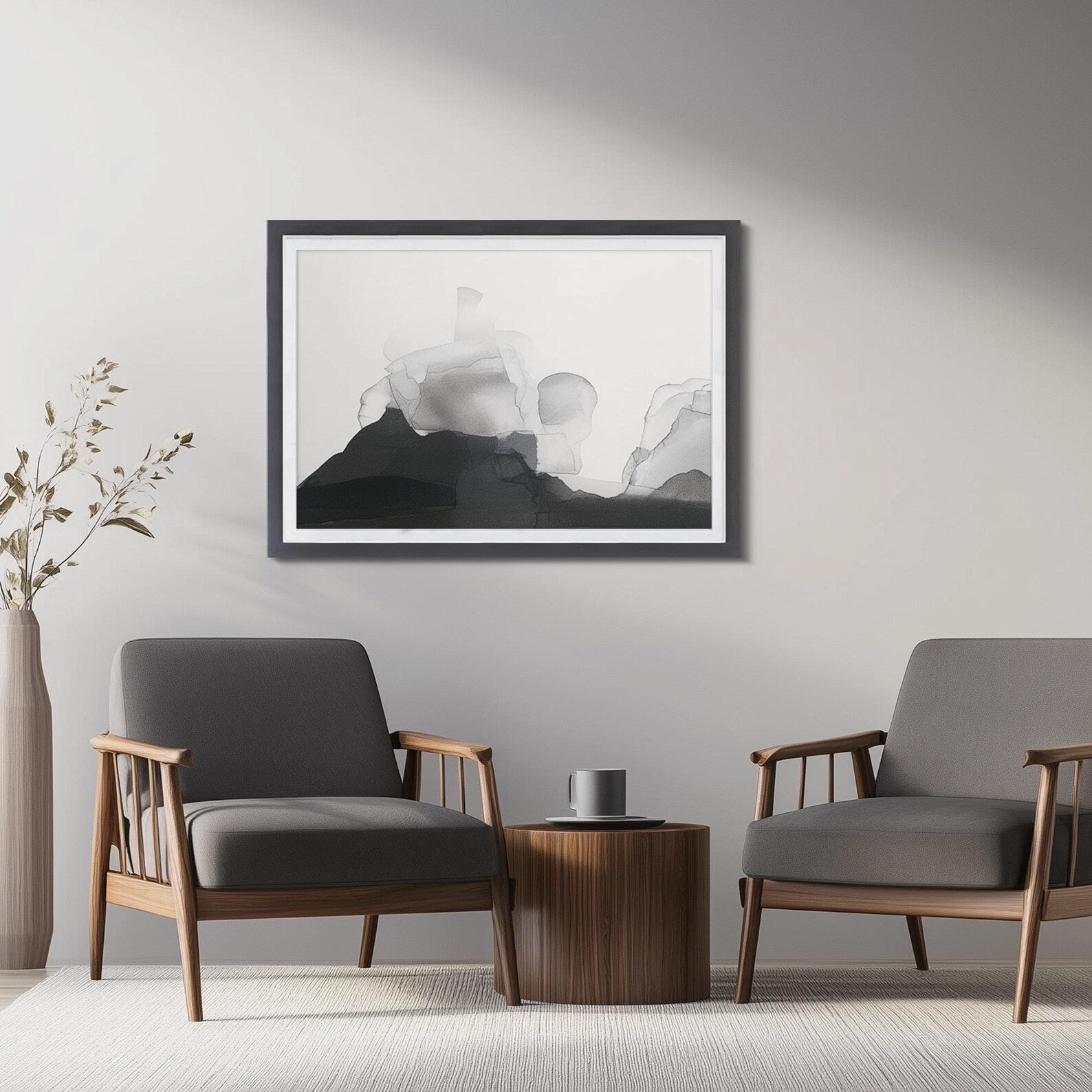 Modern living room with two gray chairs, a wooden side table, and a framed abstract artwork on the wall. Charcoal Grey + White Custom Size Frames, Double Color Frame for Poster, Handmade Wooden Photo Frame, Cold Tones A2 A3 11x14 22x22 36x42