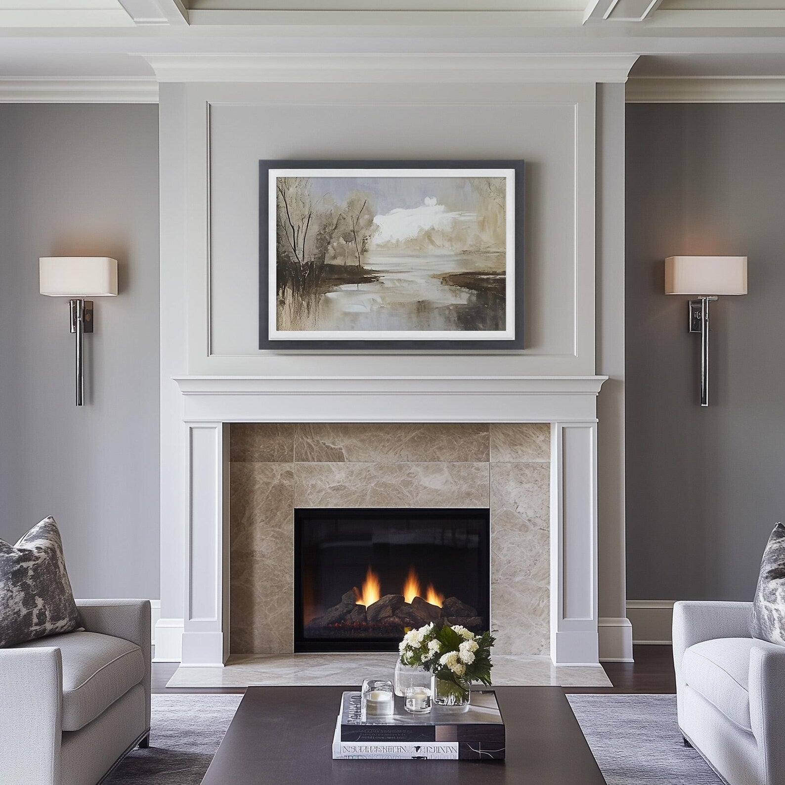Living room with fireplace, artwork, and decor. Charcoal Grey + White Custom Size Frames, Double Color Frame for Poster, Handmade Wooden Photo Frame, Cold Tones A2 A3 11x14 22x22 36x42
