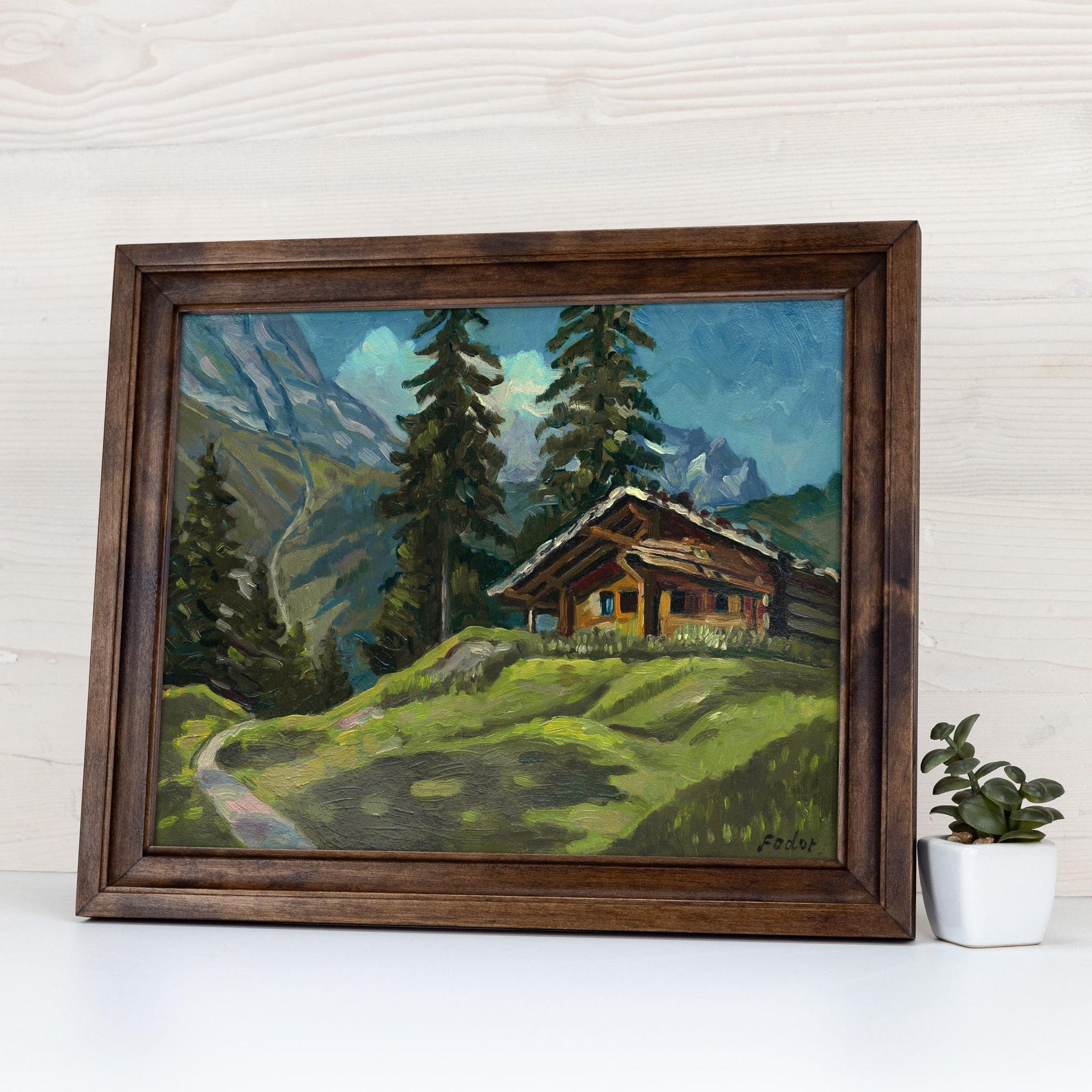 Framed painting of a mountain cabin with trees and a clear sky. Handmade Walnut Brown Picture Frame, Rustic Custom Photo Frame, Museum Quality Birch Hardwood Frame A1 A4 8x8 12x12 14x20 20x30 36x40