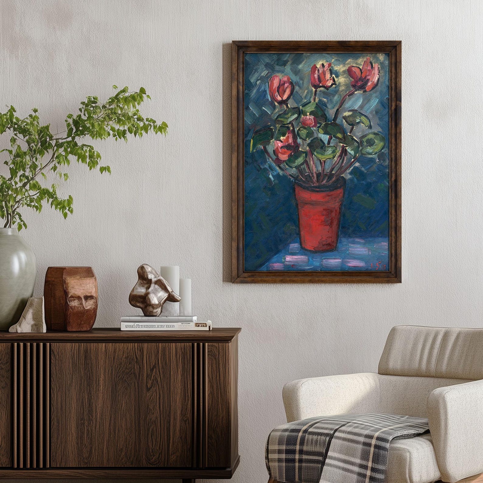 Framed painting of flowers on a wall above a wooden cabinet and chair. Handmade Walnut Brown Picture Frame, Rustic Custom Photo Frame, Museum Quality Birch Hardwood Frame A1 A4 8x8 12x12 14x20 20x30 36x40