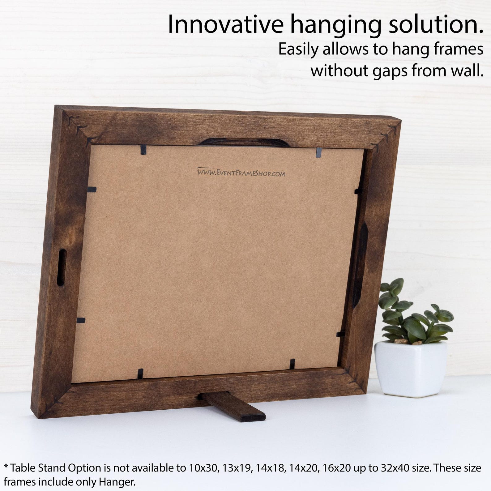 Wooden picture frame with a stand on a white surface, featuring text about an innovative hanging solution. Handmade Walnut Brown Picture Frame, Rustic Custom Photo Frame, Museum Quality Birch Hardwood Frame A1 A4 8x8 12x12 14x20 20x30 36x40