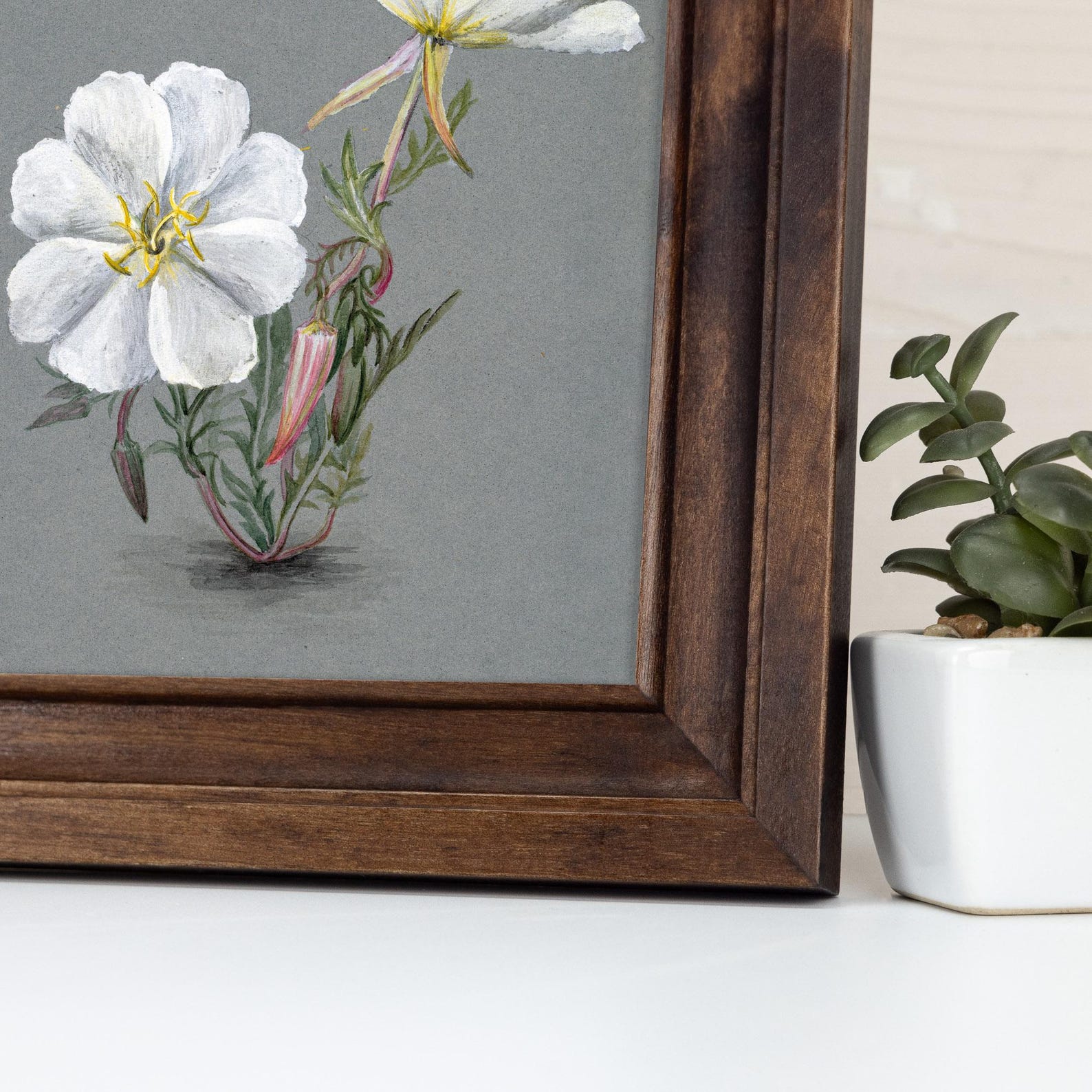 Framed botanical illustration of white flowers on a gray background with a potted plant beside itHandmade Walnut Brown Picture Frame, Rustic Custom Photo Frame, Museum Quality Birch Hardwood Frame A1 A4 8x8 12x12 14x20 20x30 36x40