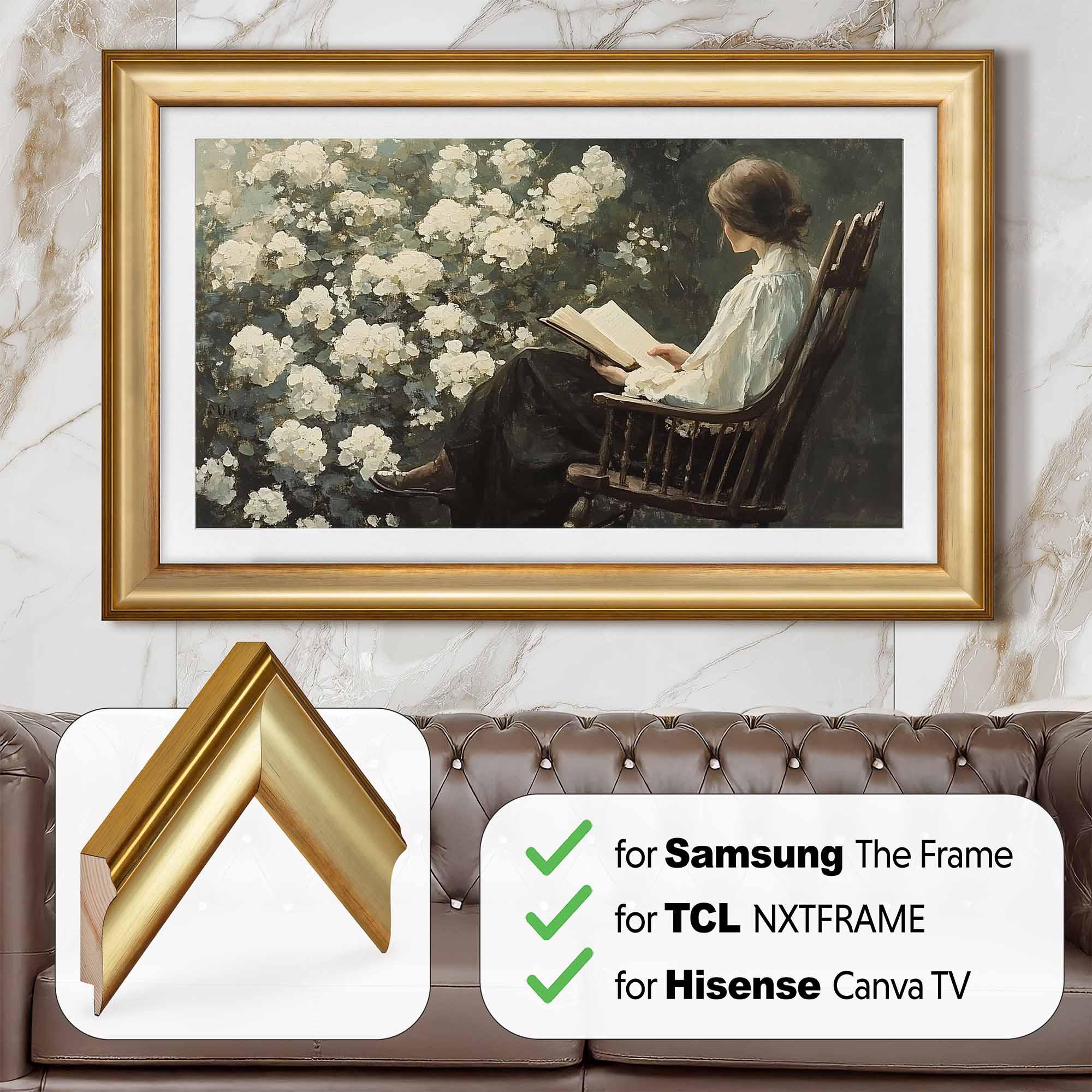 vintage interior with gold accent gold classic tv frame vintage garden painting