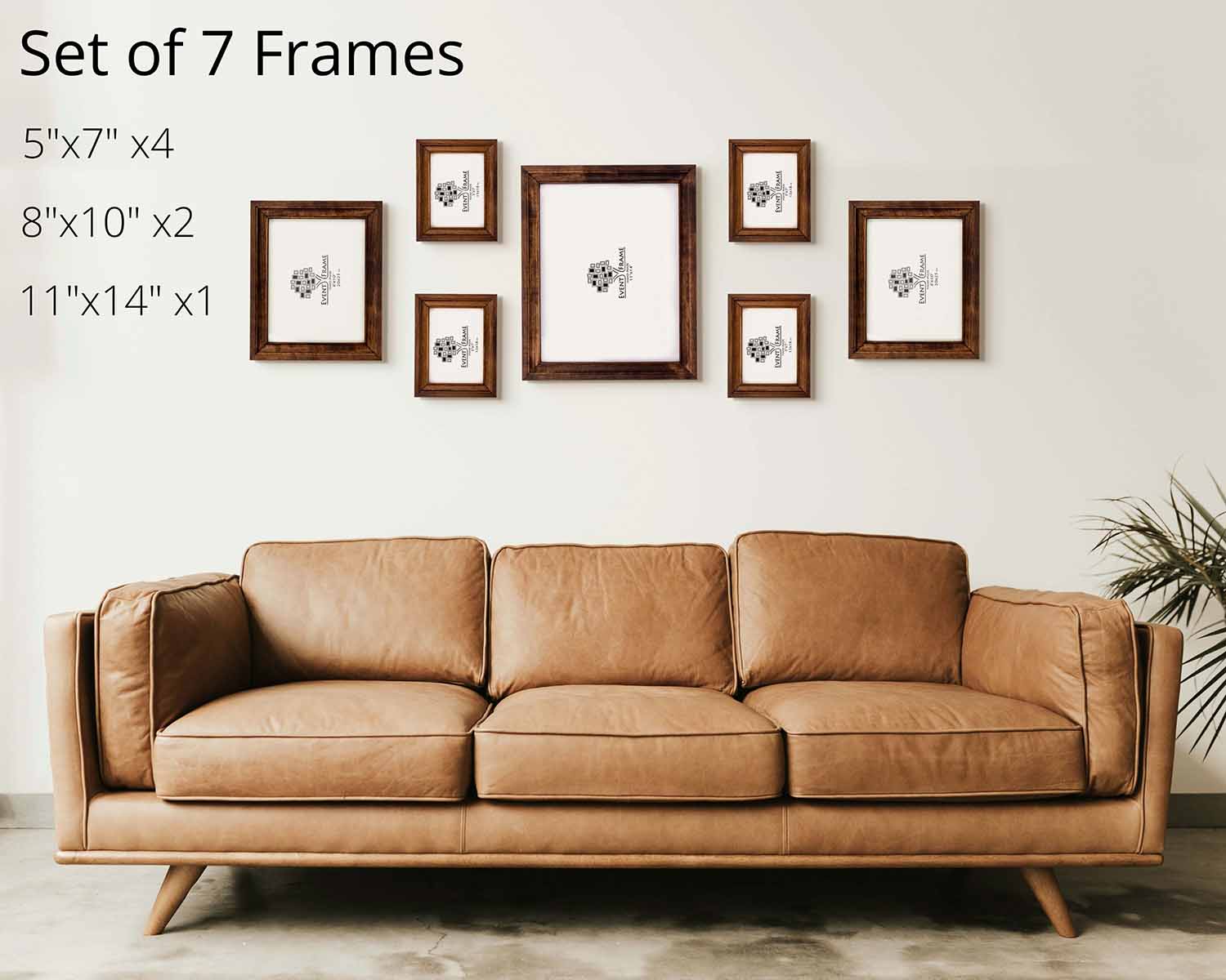 Set of 7 wooden picture frames in custom sizes placed on a wall above a leather couch.